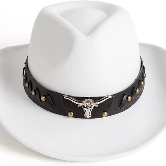 White Western Cowboy Cowgirl Hat for Men Women – Black Bull Strap Retro Felt‎ - Picture 1 of 3